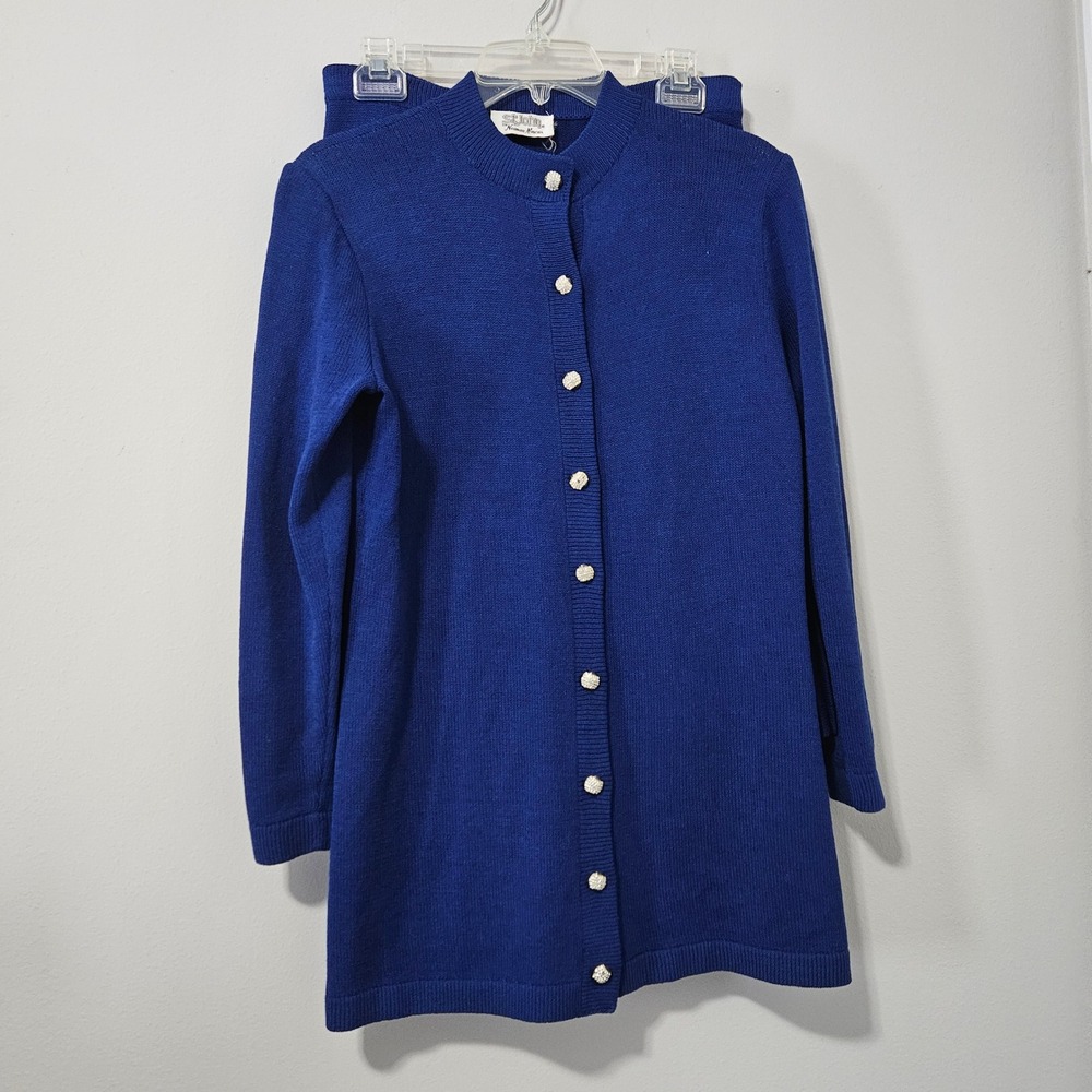 St John Neiman Marcus Vintage Royal Blue Santana Knit Skirt Suit Crystal Buttons